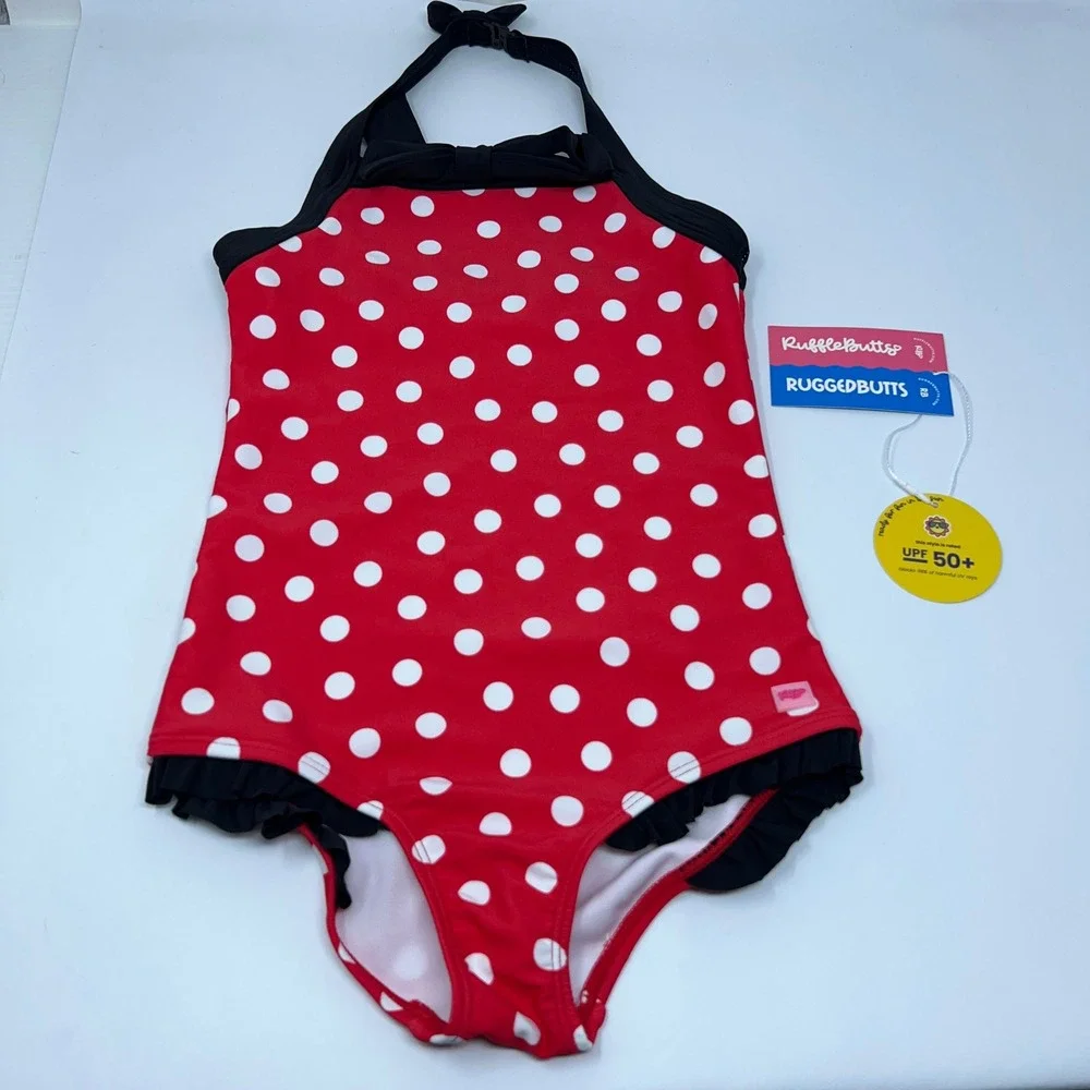 RuffleButts Girls Size 6 Red Polka Dot Halter One Piece Swimsuit NWT